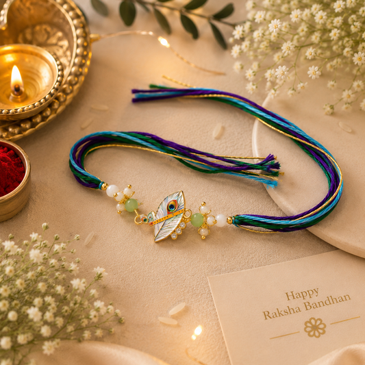 Peacock Charm & Flute Feather Rakhi Set – Handcrafted Designer Rakhi Combo