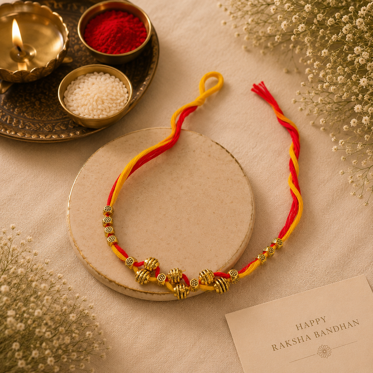 Sacred Trio Rakhi Set – Floral Bead, Om Charm & Traditional Thread Rakhi Collection