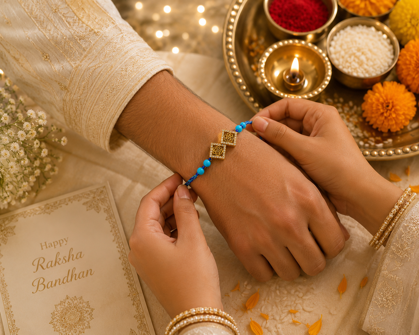 Blue Floral Charm Rakhi with Zircon-Studded Gold Motifs