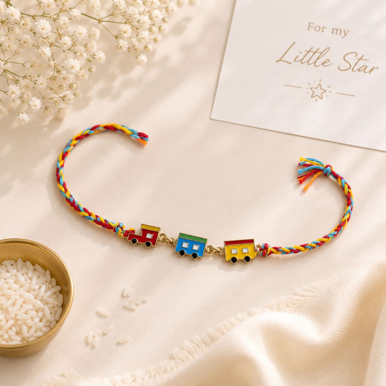 Kids Adventure Rakhi Set of 2 – Colorful Train & Motorcycle Designer Rakhis