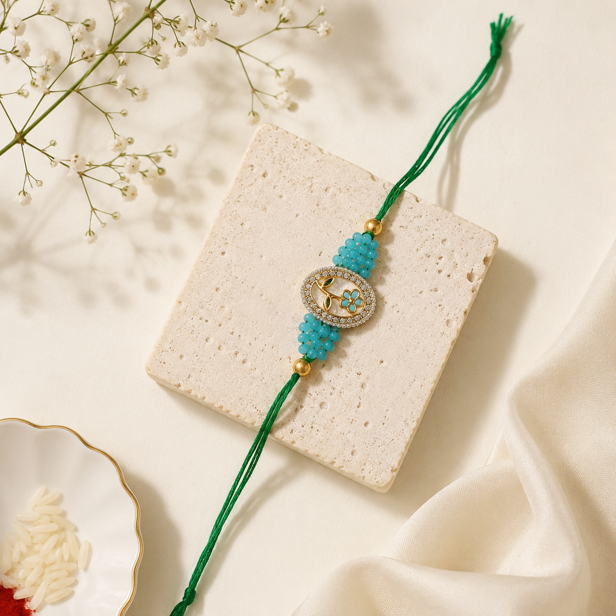 Emerald & Turquoise Floral Rakhi Set