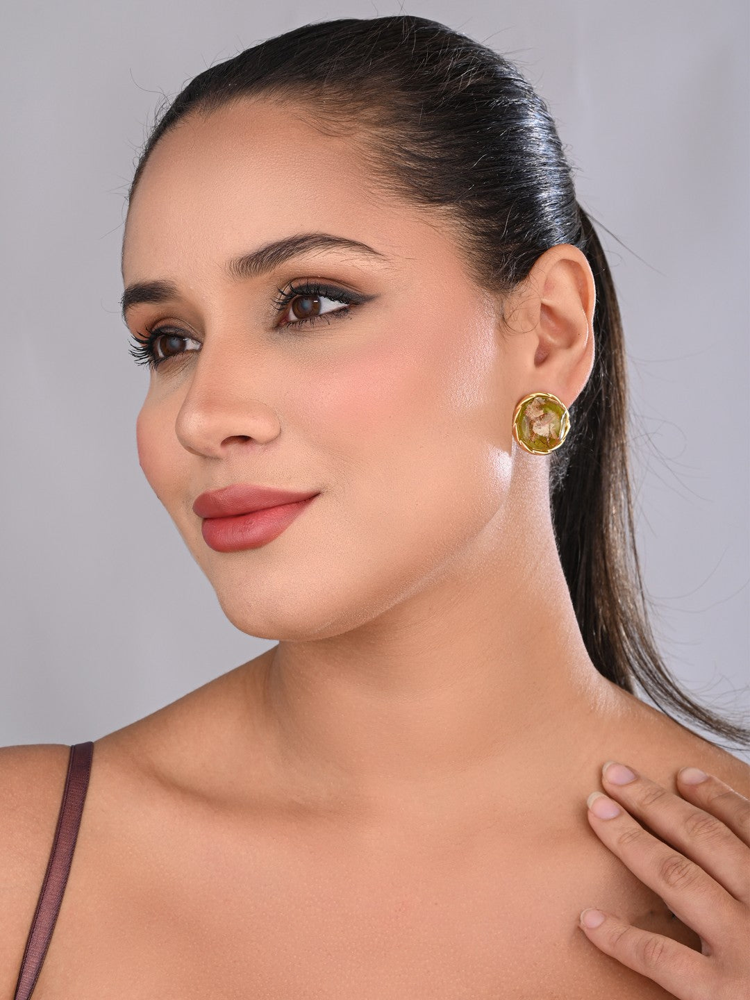 Olive Crystal Dome Stud Earrings