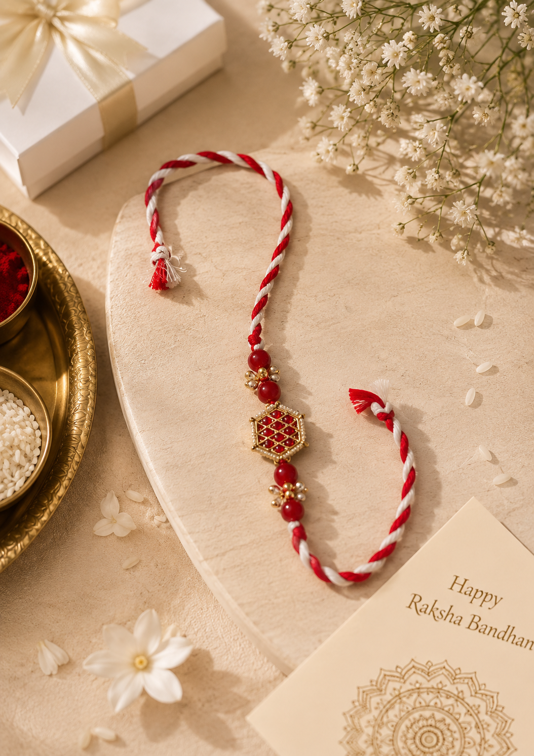 Regal Red & Pearl Rakhi Set