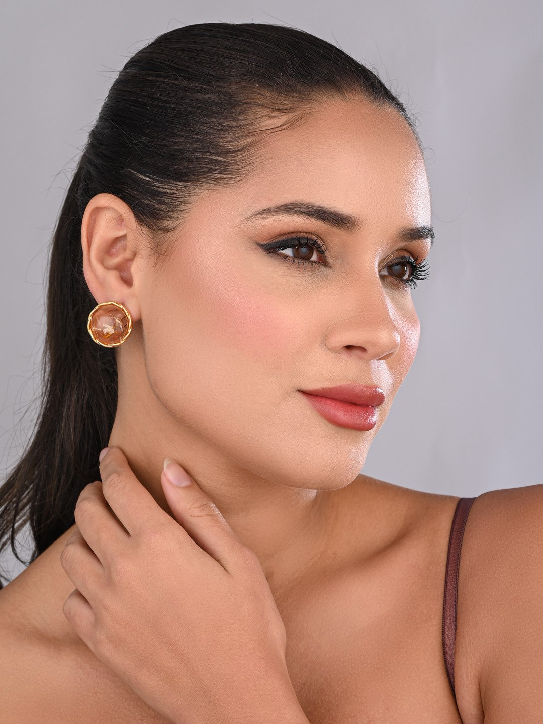 Brown Crystal Dome Stud Earrings