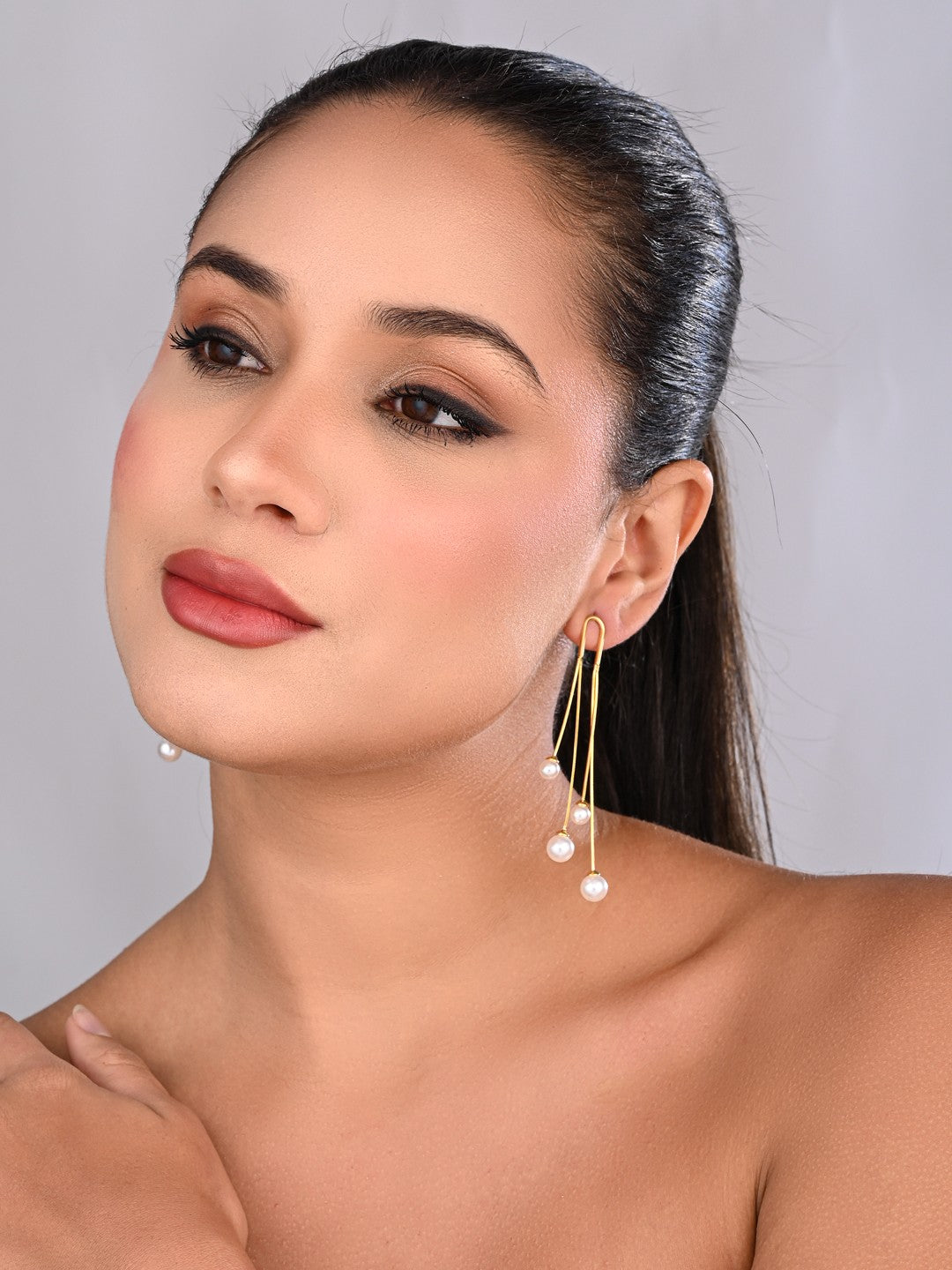Celeste Triple Golden Pearl Drop Earrings