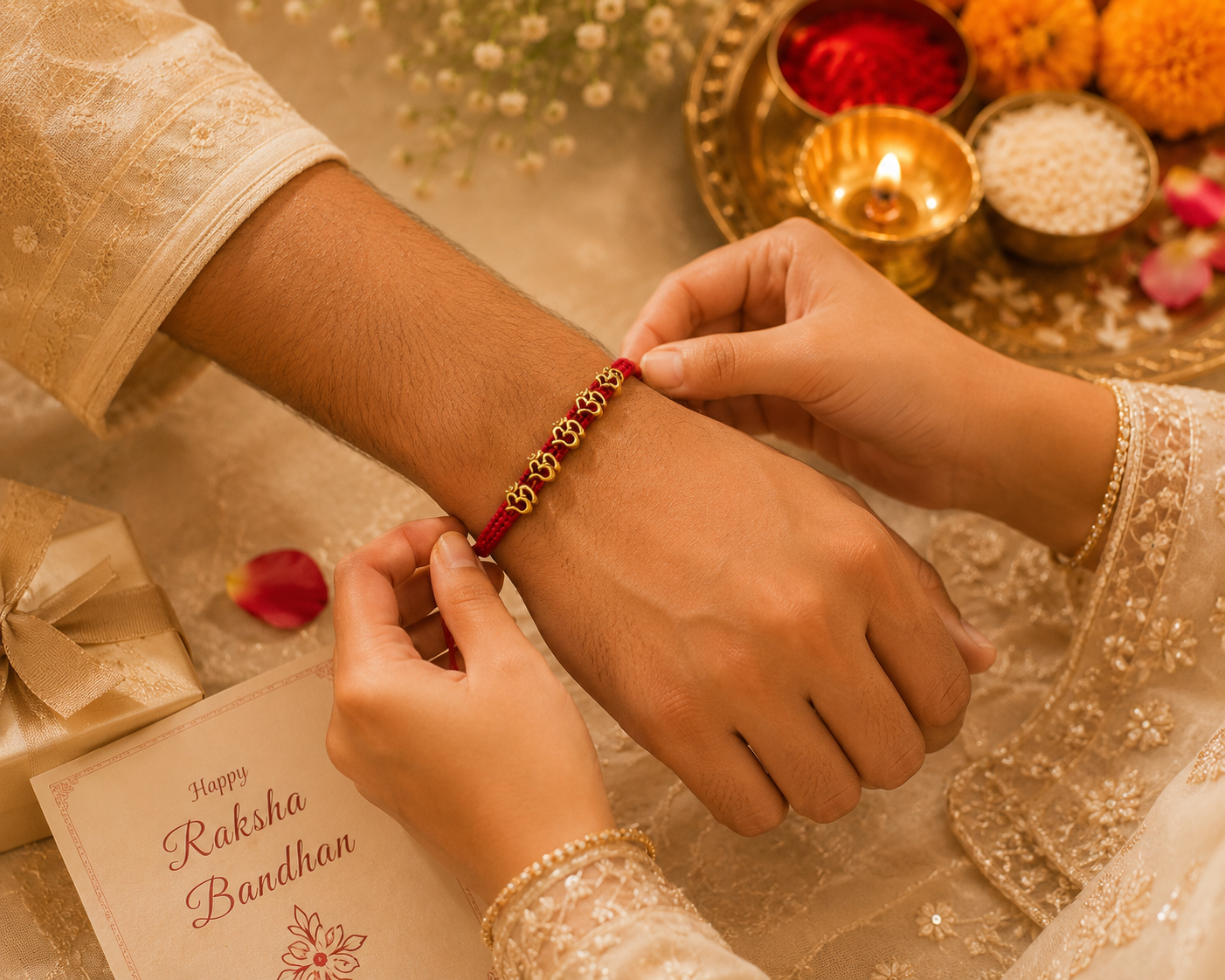 Set of 3 Designer Rakhi Combo – Om Rakhi, Divine Charm Rakhi & Traditional Pearl Rakhi