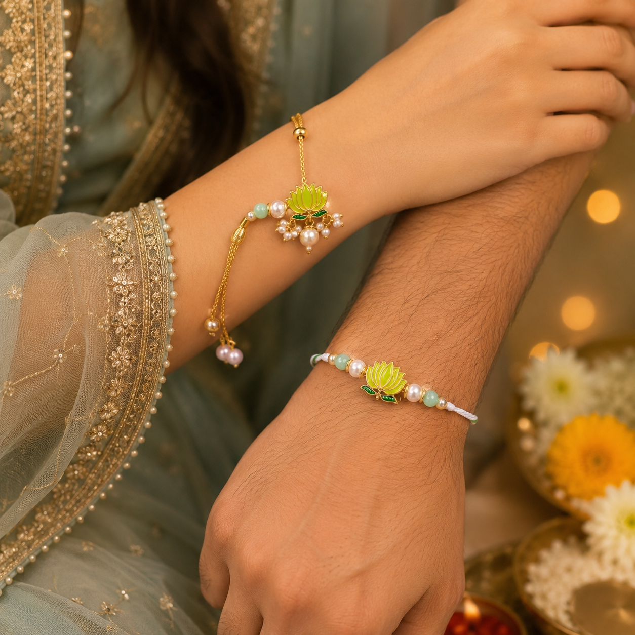 Lotus Bhaiya Bhabhi Rakhi Set – Pearl Bracelet & Designer Rakhi Combo