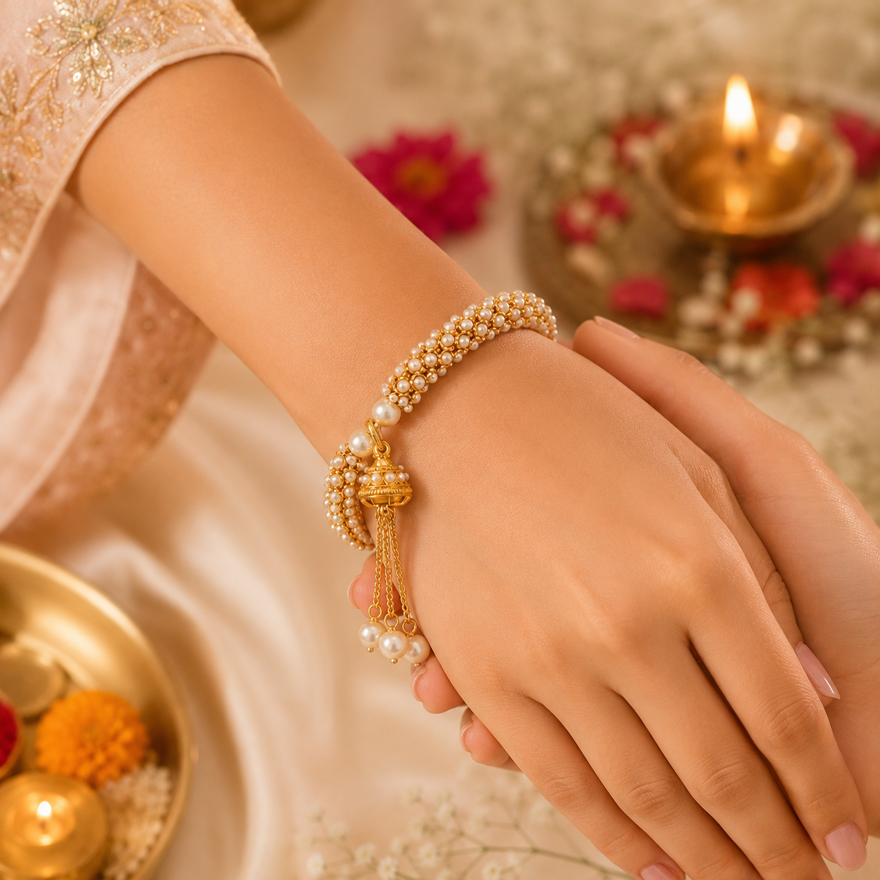 Pearl Kundan Lumba Bangle with Jhumki Tassel