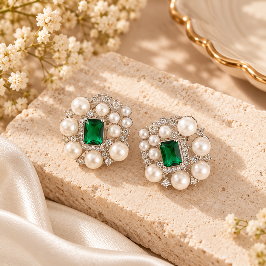 Emerald Pearl Cluster Stud Earrings - Reenisaa