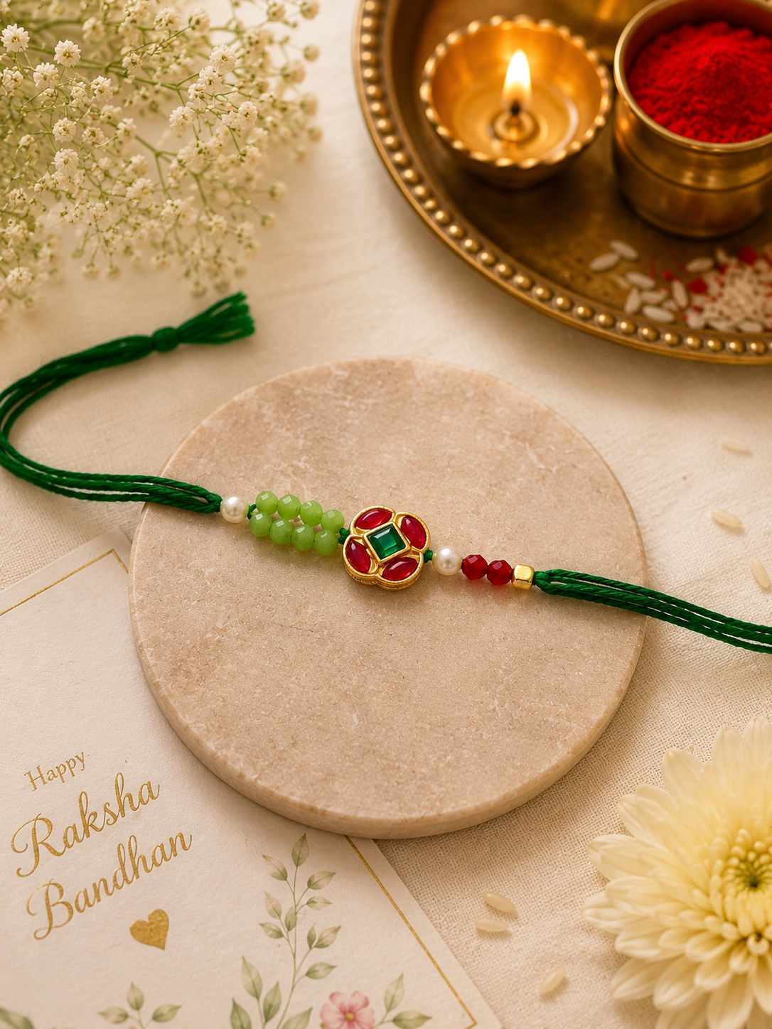 Designer Rakhi Set of 2 | Blue Floral & Green Kundan Rakhi Combo
