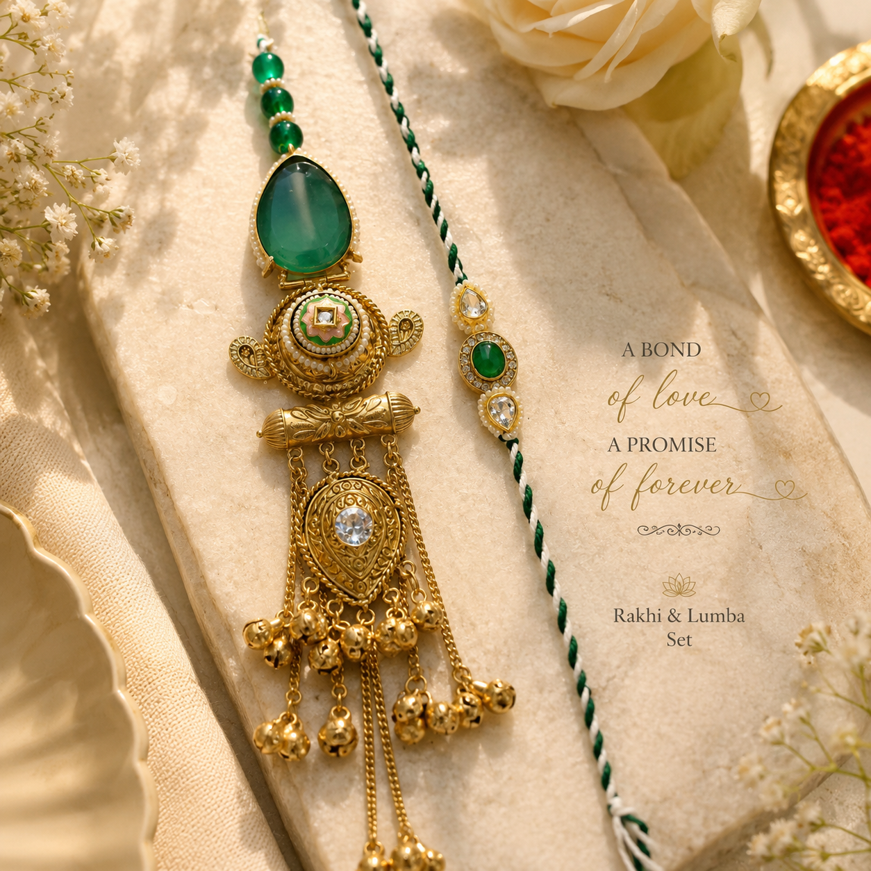 Pastel Green Bhaiya Bhabhi Rakhi Set – Designer Lumba & Stone Rakhi Combo