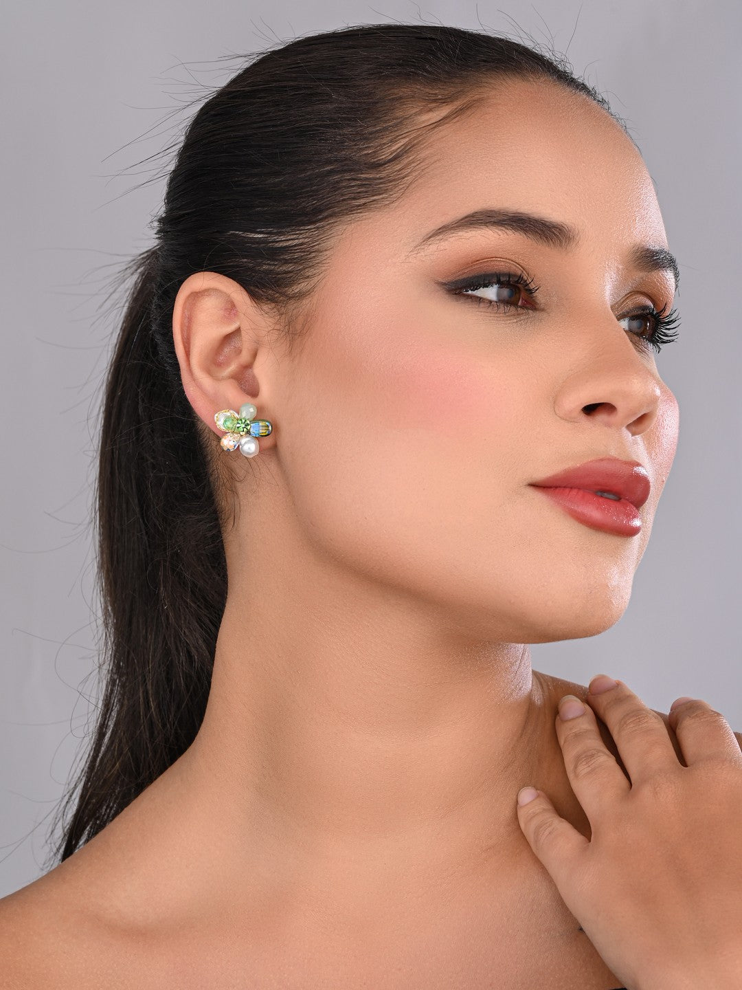 Emerald Crystal Pearl Flower Studs