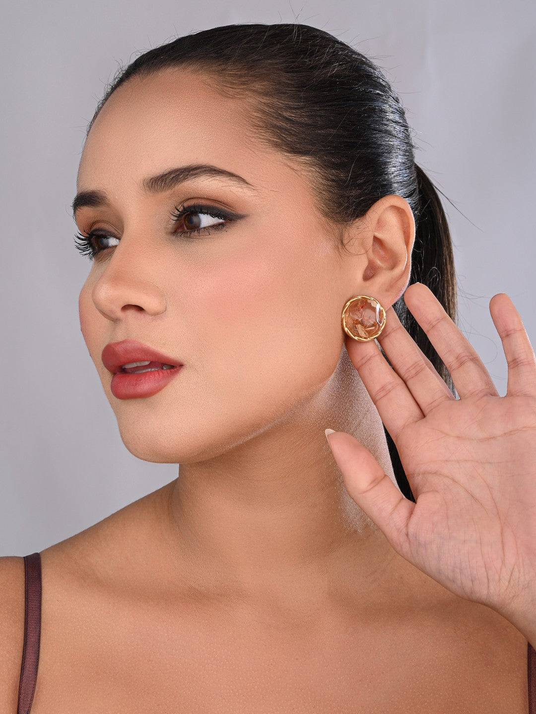 Brown Crystal Dome Stud Earrings
