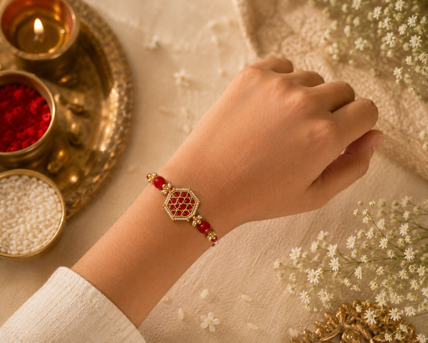 Regal Red & Pearl Rakhi Set