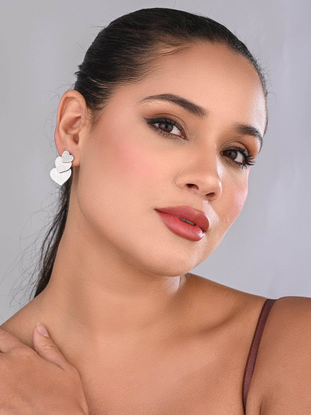 Rhodium Plated Linked Hearts Drop Earrings