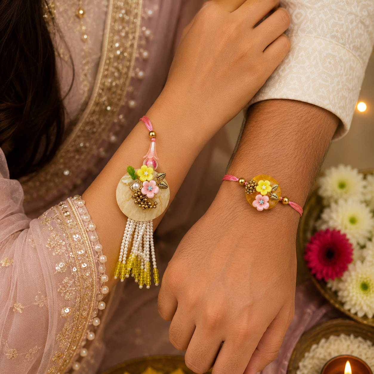 Floral Bhaiya Bhabhi Rakhi Set – Pastel Blossom Lumba & Designer Rakhi Combo