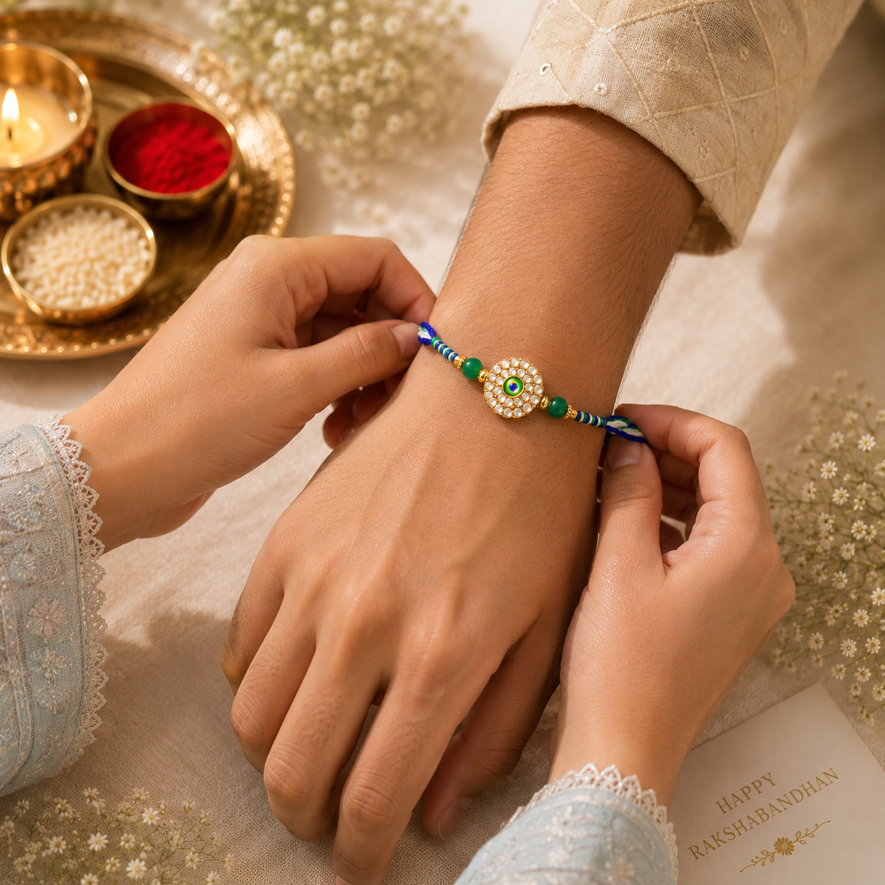 Designer Evil Eye & Sky Blue Beaded Rakhi Set of 2