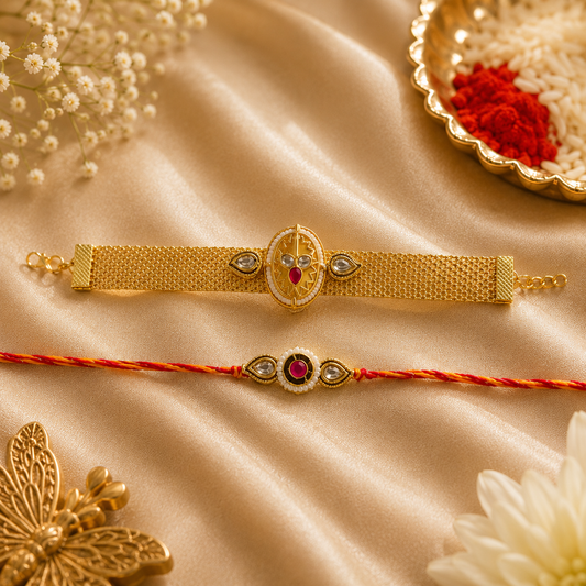 Premium Bhaiya Bhabhi Rakhi Set with Gold Bracelet Rakhi & Elegant Pearl Rakhi
