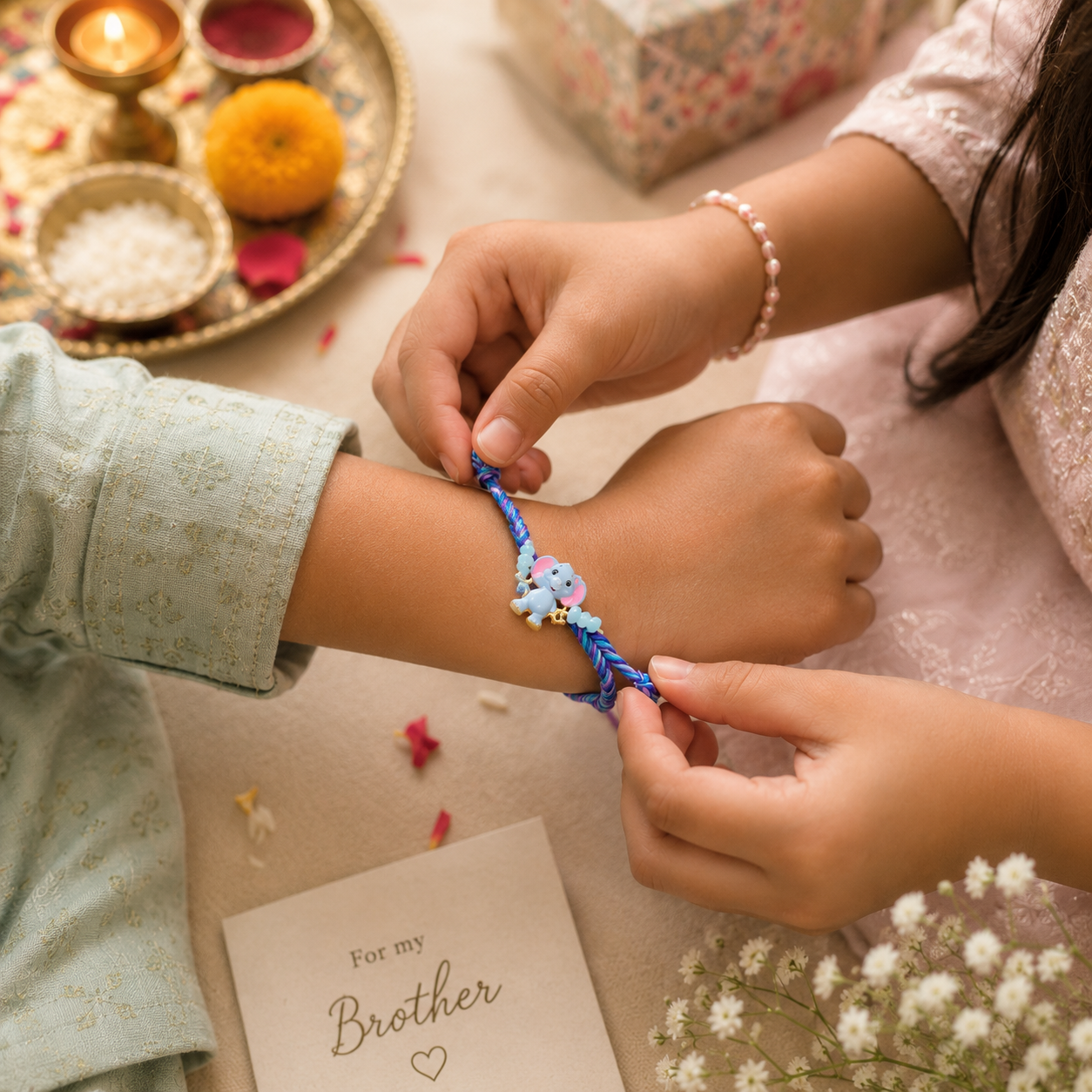 Kids Rakhi Combo Set – Blue Elephant Charm & Evil Eye Protection Rakhi