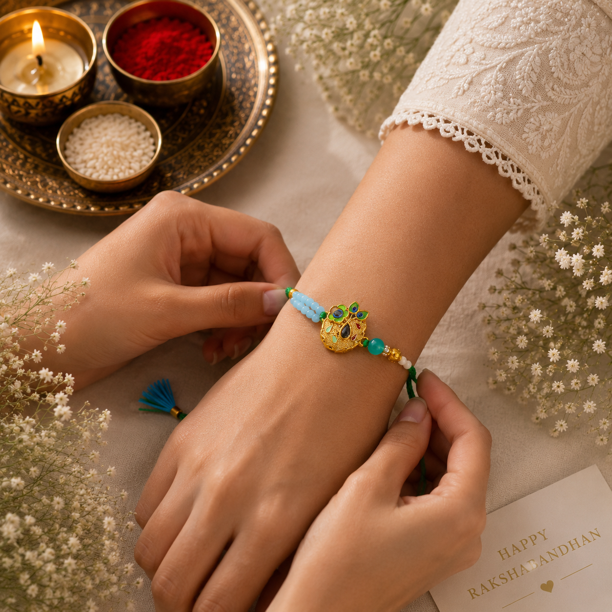 Peacock Charm & Flute Feather Rakhi Set – Handcrafted Designer Rakhi Combo