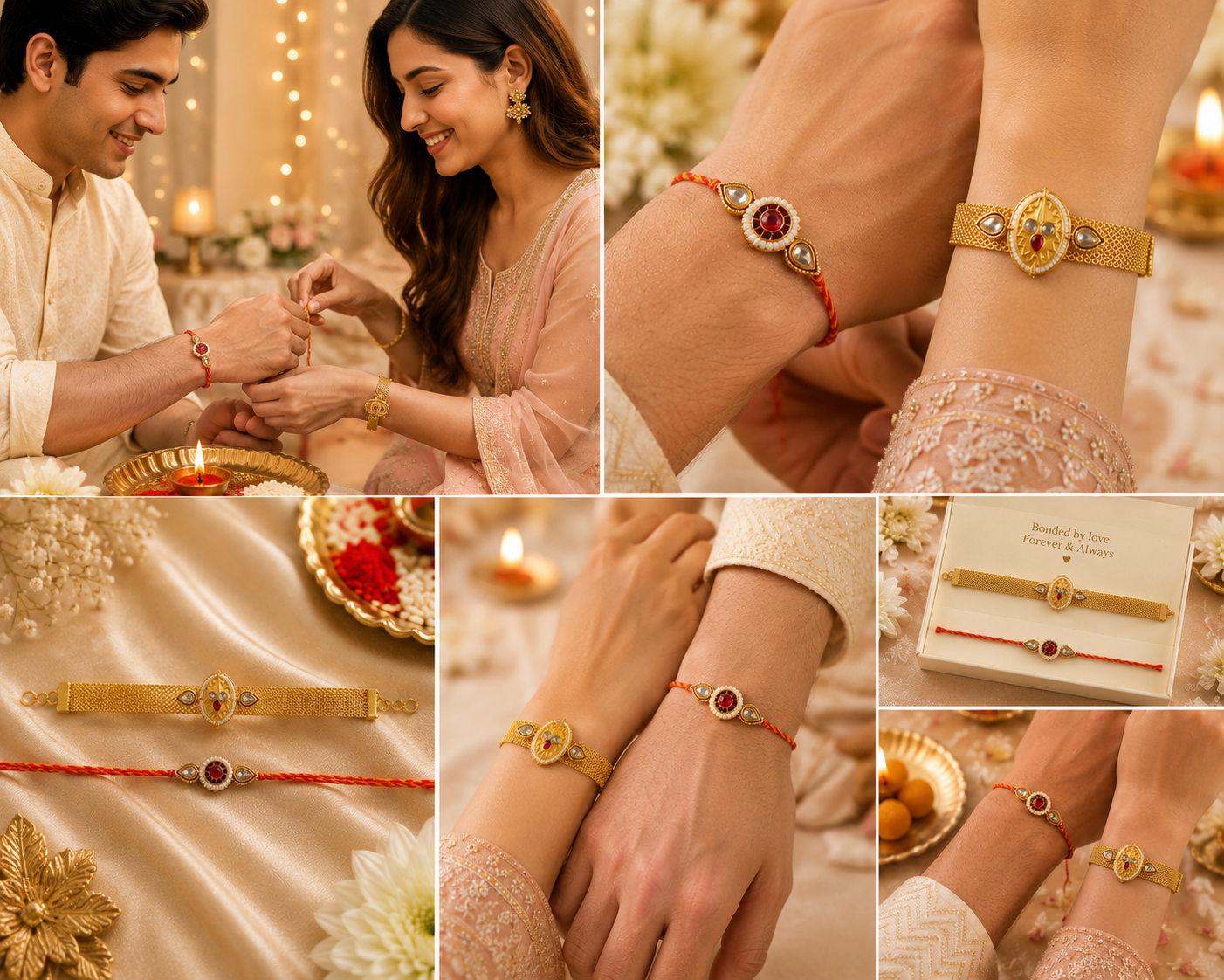 Premium Bhaiya Bhabhi Rakhi Set with Gold Bracelet Rakhi & Elegant Pearl Rakhi