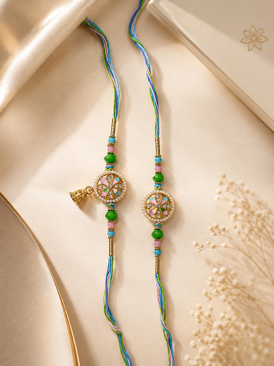 Designer Floral Pearl Rakhi Set with Pastel Enamel & Ghungroo Charm