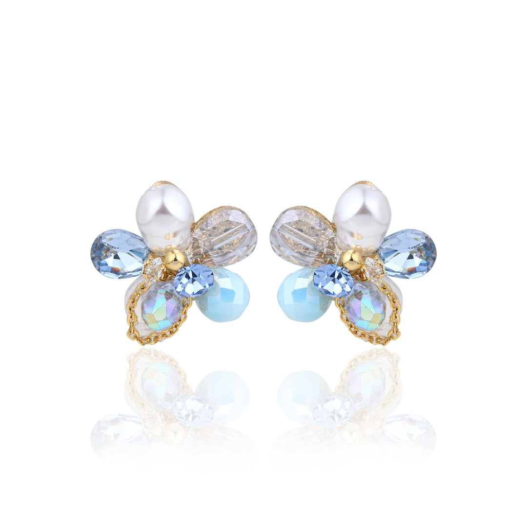 Sky Blue Crystal Pearl Flower Studs
