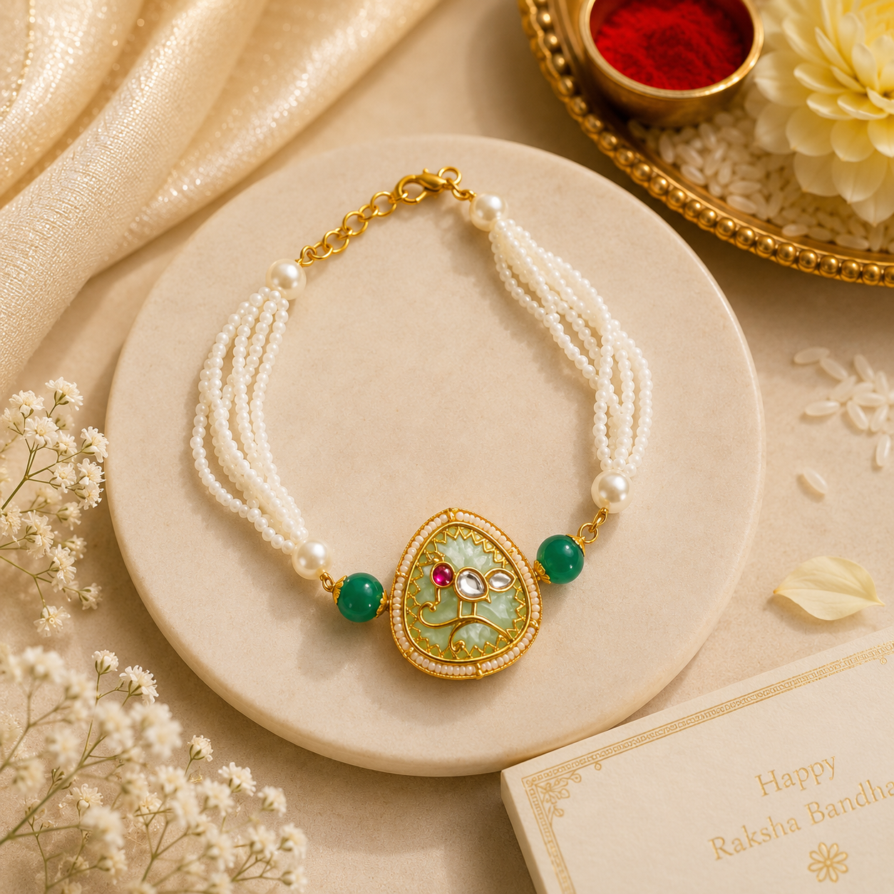 Mint Green Bhaiya Bhabhi Rakhi Set – Pearl Bracelet & Designer Rakhi Combo