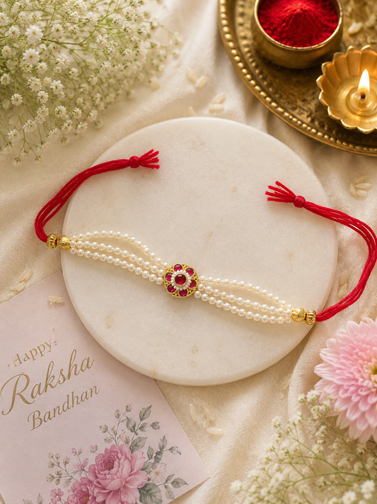 Royal Pearl & Ruby Floral Rakhi with Triple-Strand Beads