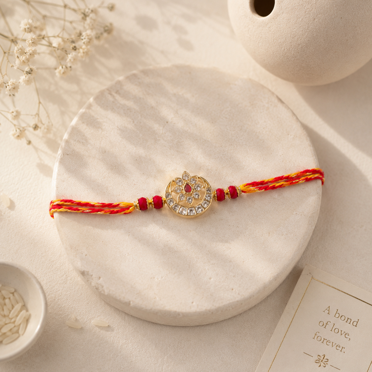 Red Radiance Handmade Rakhi with Crystal Floral Medallion