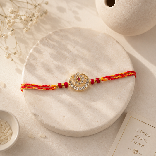 Red Radiance Handmade Rakhi with Crystal Floral Medallion