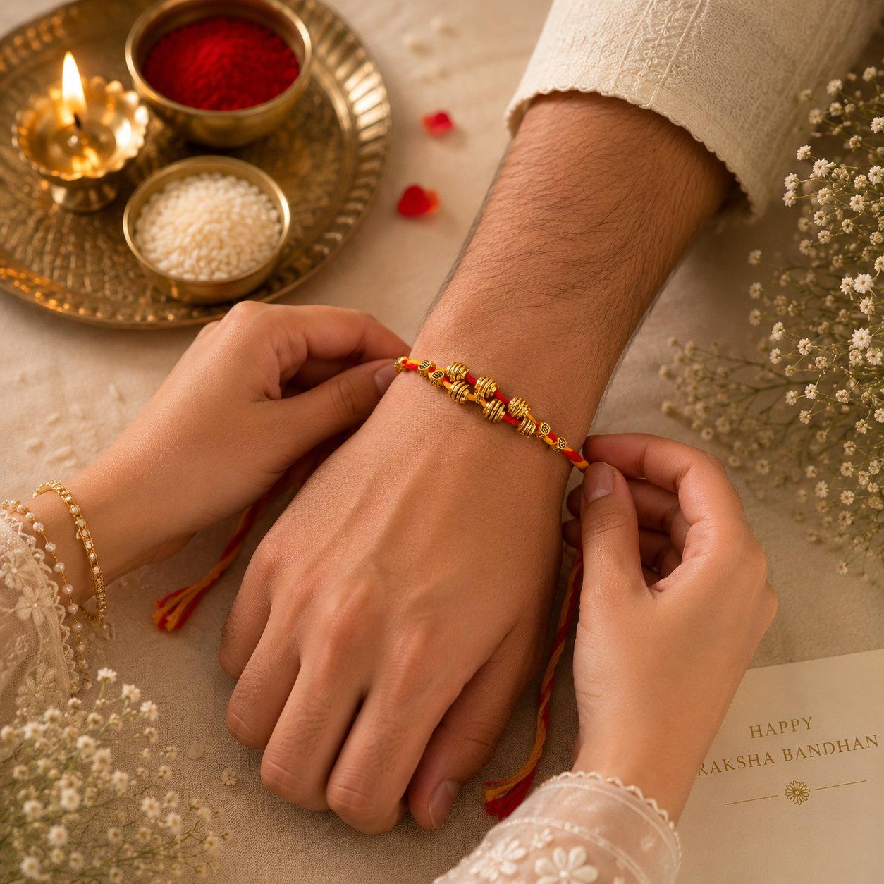 Sacred Trio Rakhi Set – Floral Bead, Om Charm & Traditional Thread Rakhi Collection
