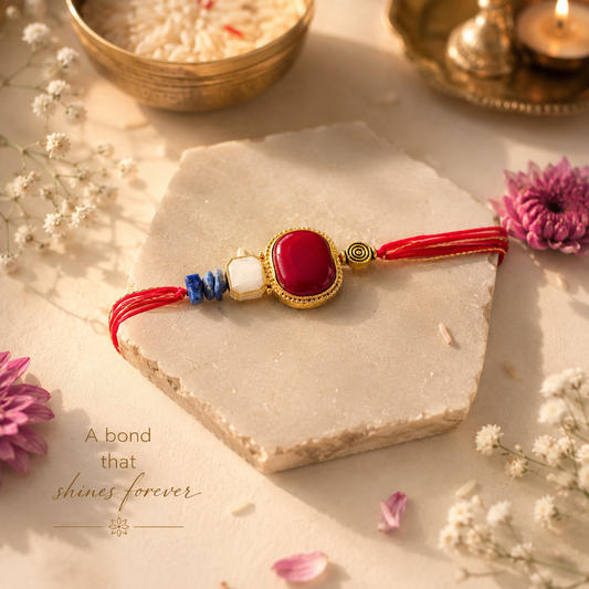Emerald Harmony Handmade Rakhi with Kundan Accent & Ruby Beads Red