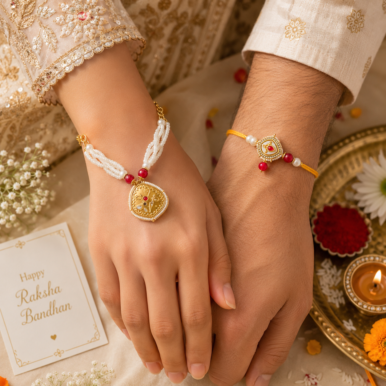 Bhaiya Bhabhi Rakhi Set – Pearl Bracelet & Designer Rakhi Combo