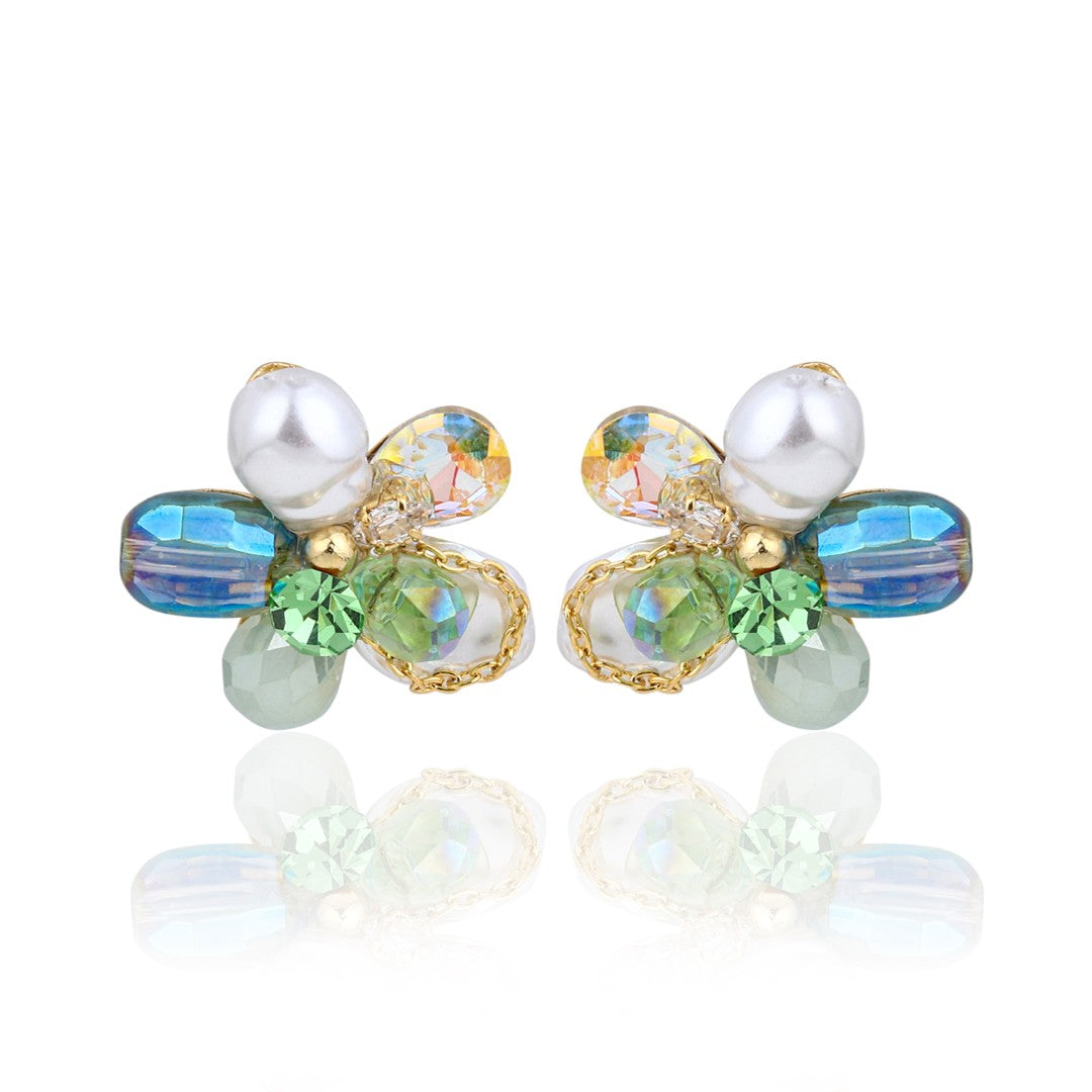 Emerald Crystal Pearl Flower Studs