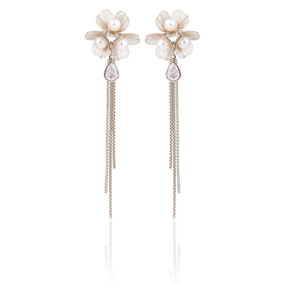 Pearl Flower Long Drop Earrings