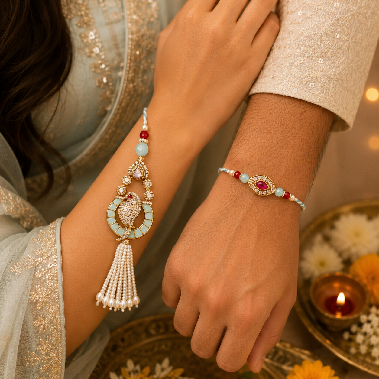 Evil Eye Bhaiya Bhabhi Rakhi Set – Pastel Blue Pearl Tassel Lumba Rakhi Combo