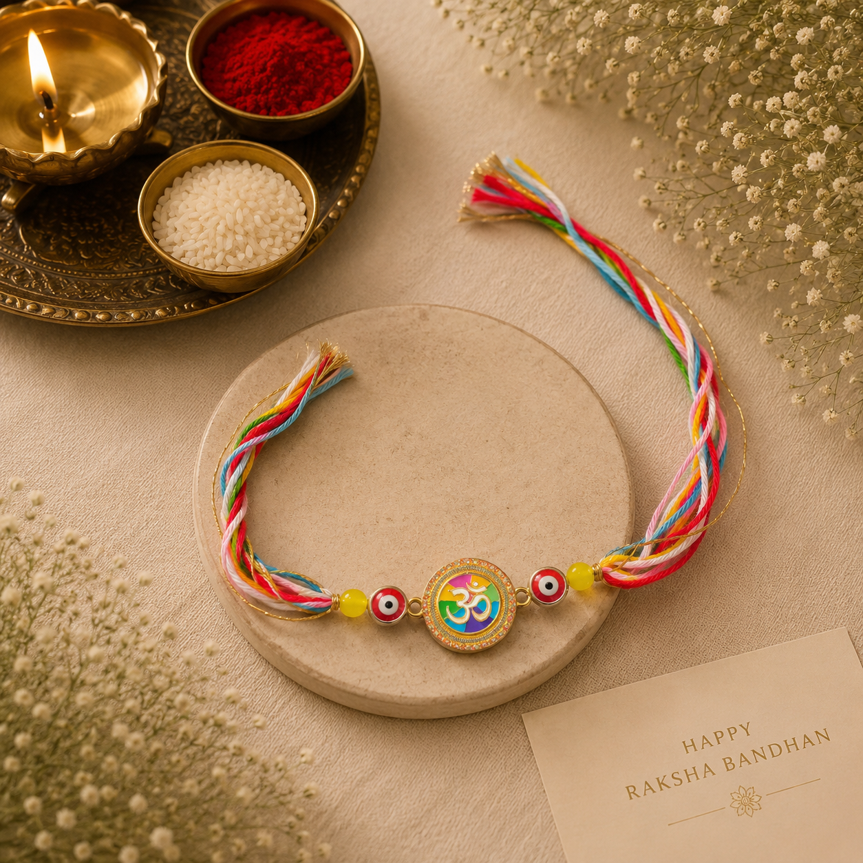 Designer Rakhi Set of 2 | Om Evil Eye & Crystal Stone Rakhi Combo