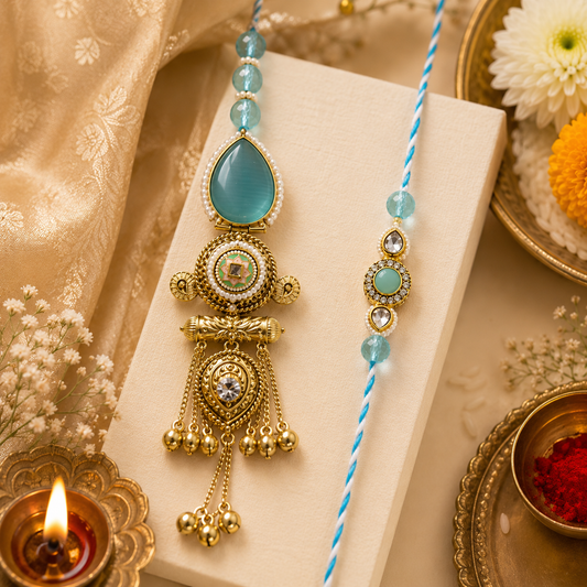 Pastel Blue Bhaiya Bhabhi Rakhi Set – Designer Lumba & Stone Rakhi Combo