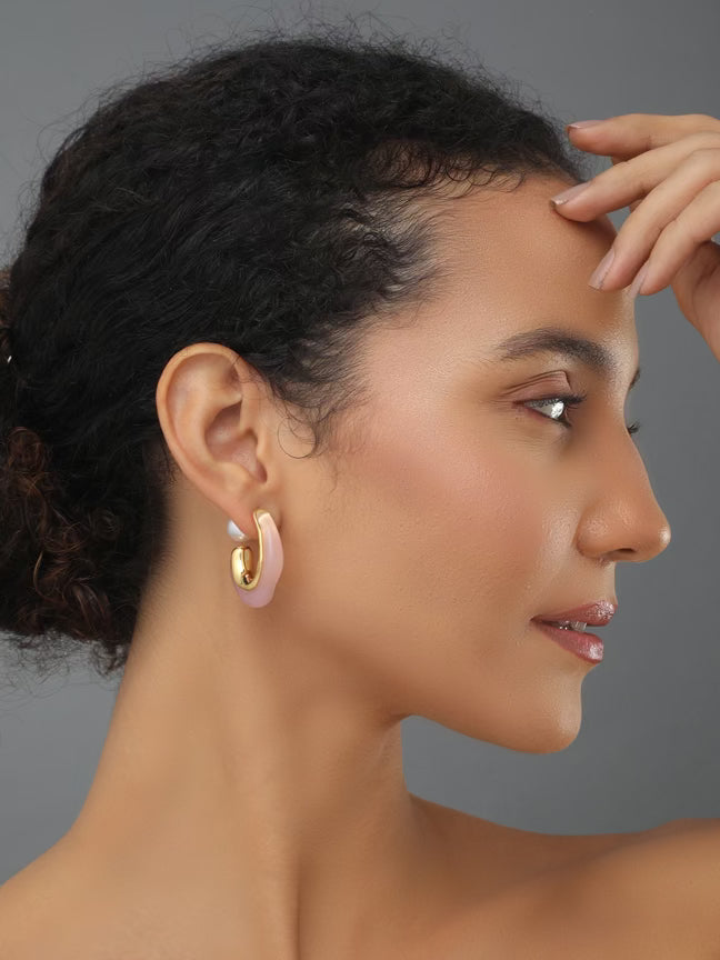 Pearl Curved Pink Hoop Earring