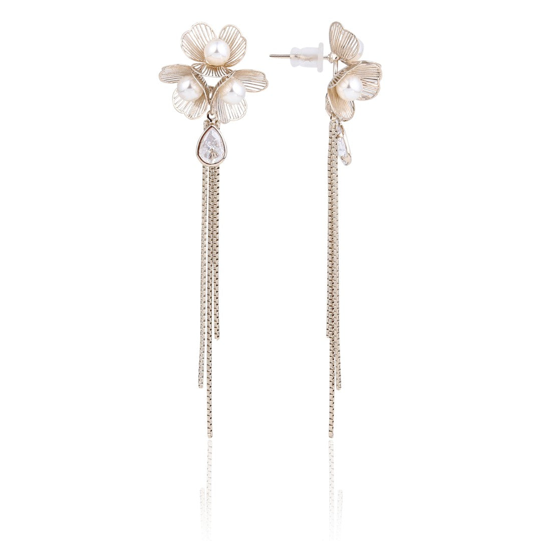 Pearl Flower Long Drop Earrings