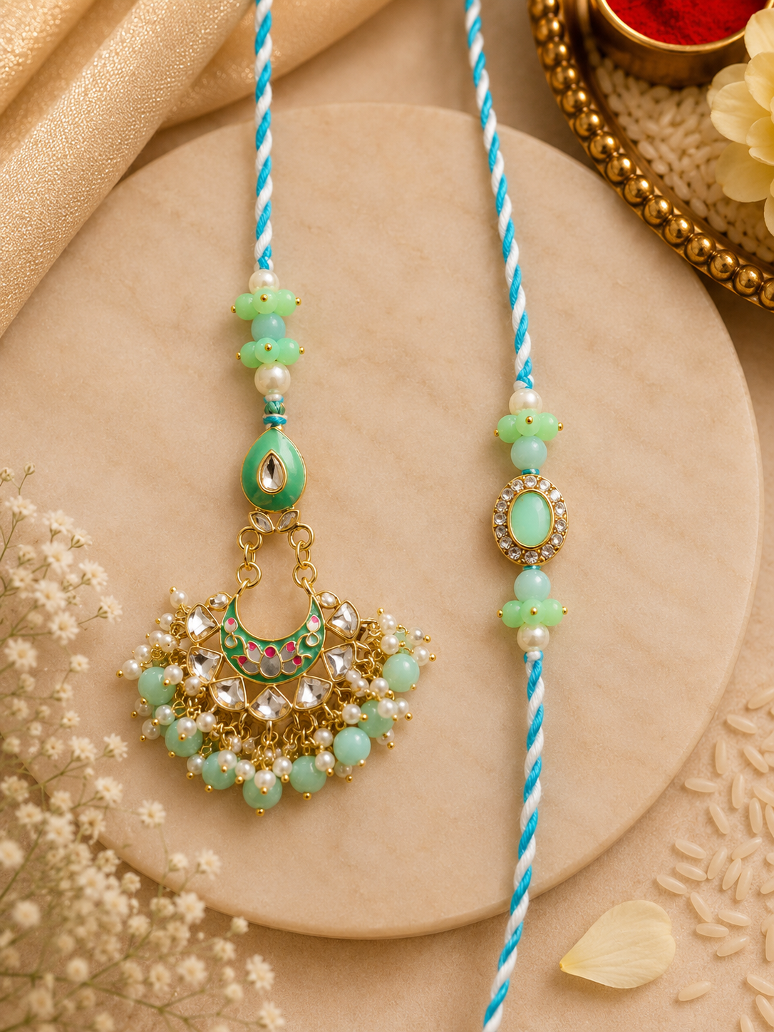 Mint Green Kundan Bhaiya Bhabhi Rakhi Set with Pearl Beads & Meenakari Lumba