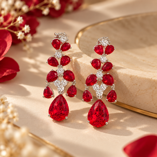 Ruby Red Floral Drop Earrings - Reenisaa