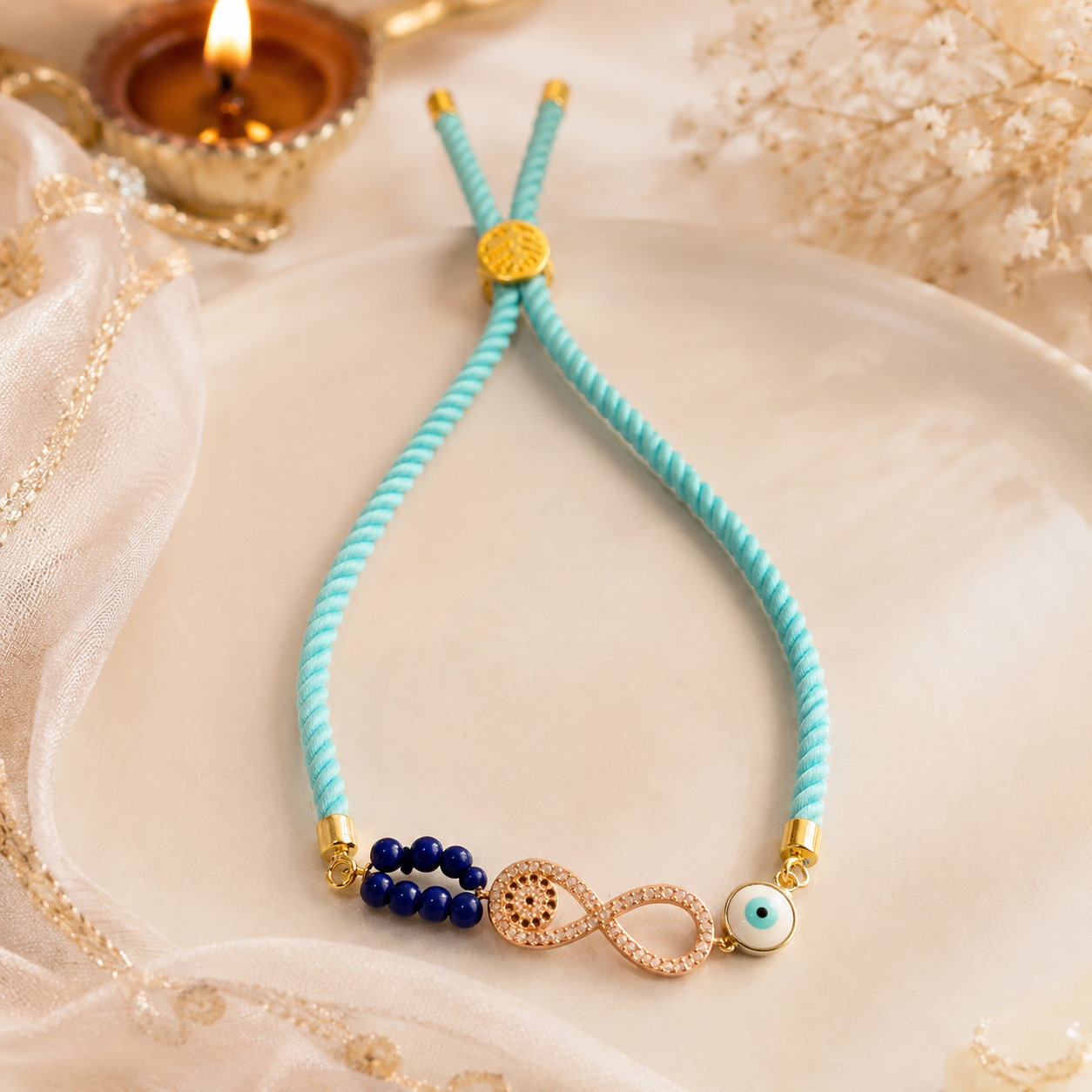 Infinity Evil Eye Lumba Rakhi with Blue Beads & Adjustable Sky Blue Thread