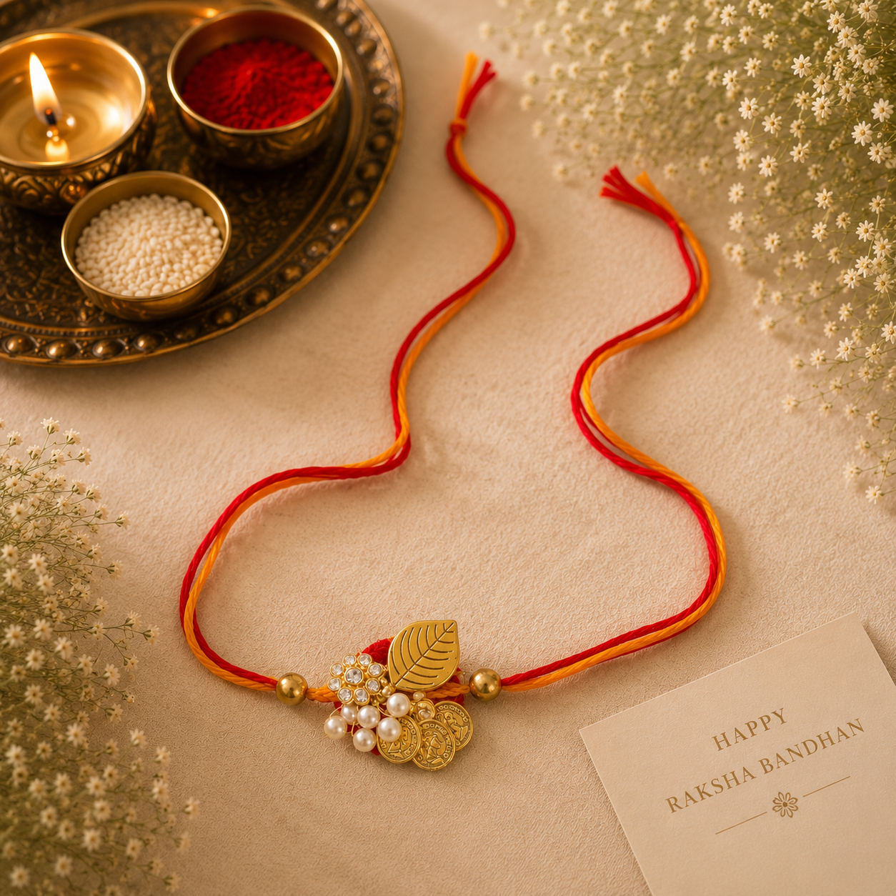 Set of 3 Designer Rakhi Combo – Om Rakhi, Divine Charm Rakhi & Traditional Pearl Rakhi