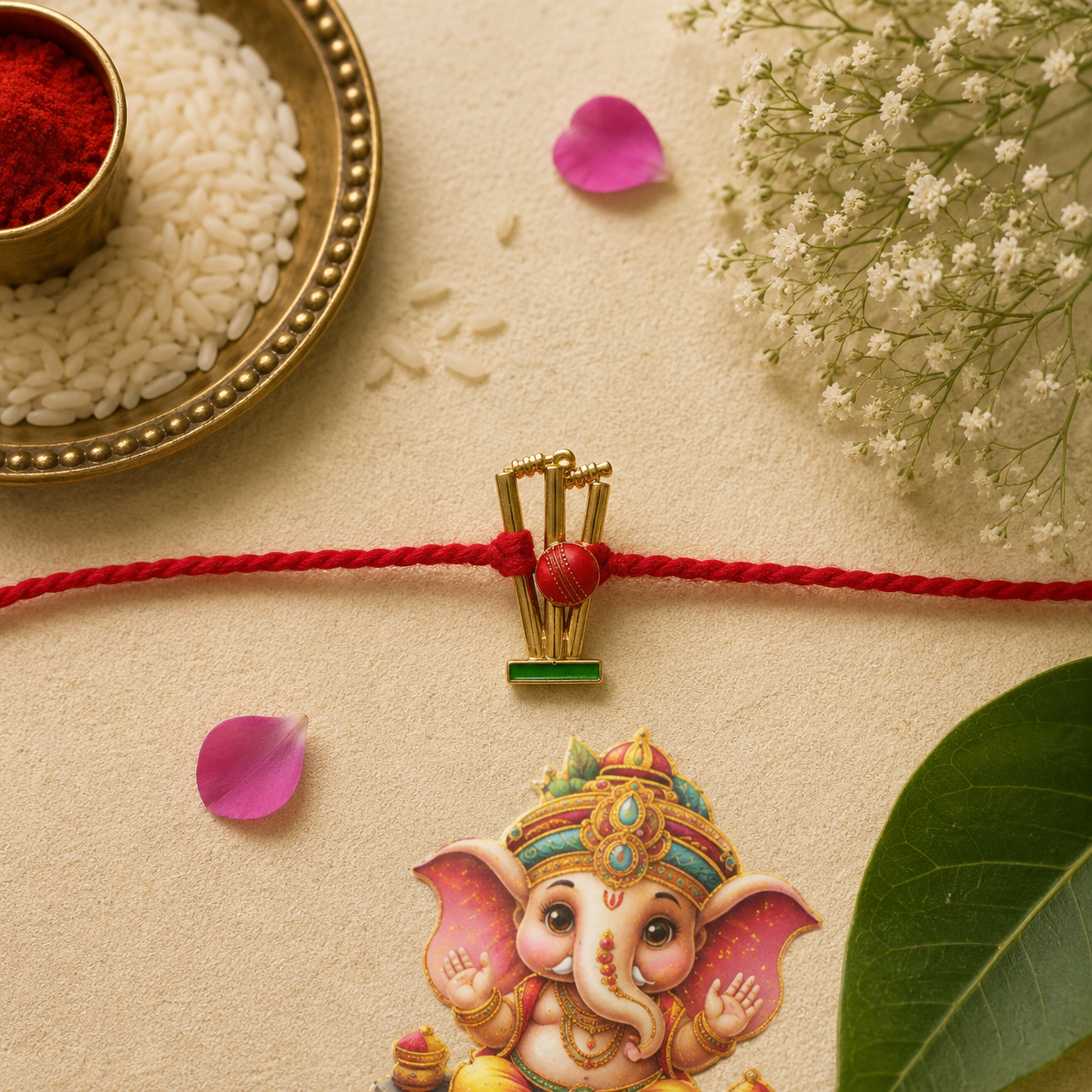 Cricket Ball & Stumps Rakhi Set – Handcrafted Designer Rakhi for Raksha Bandhan