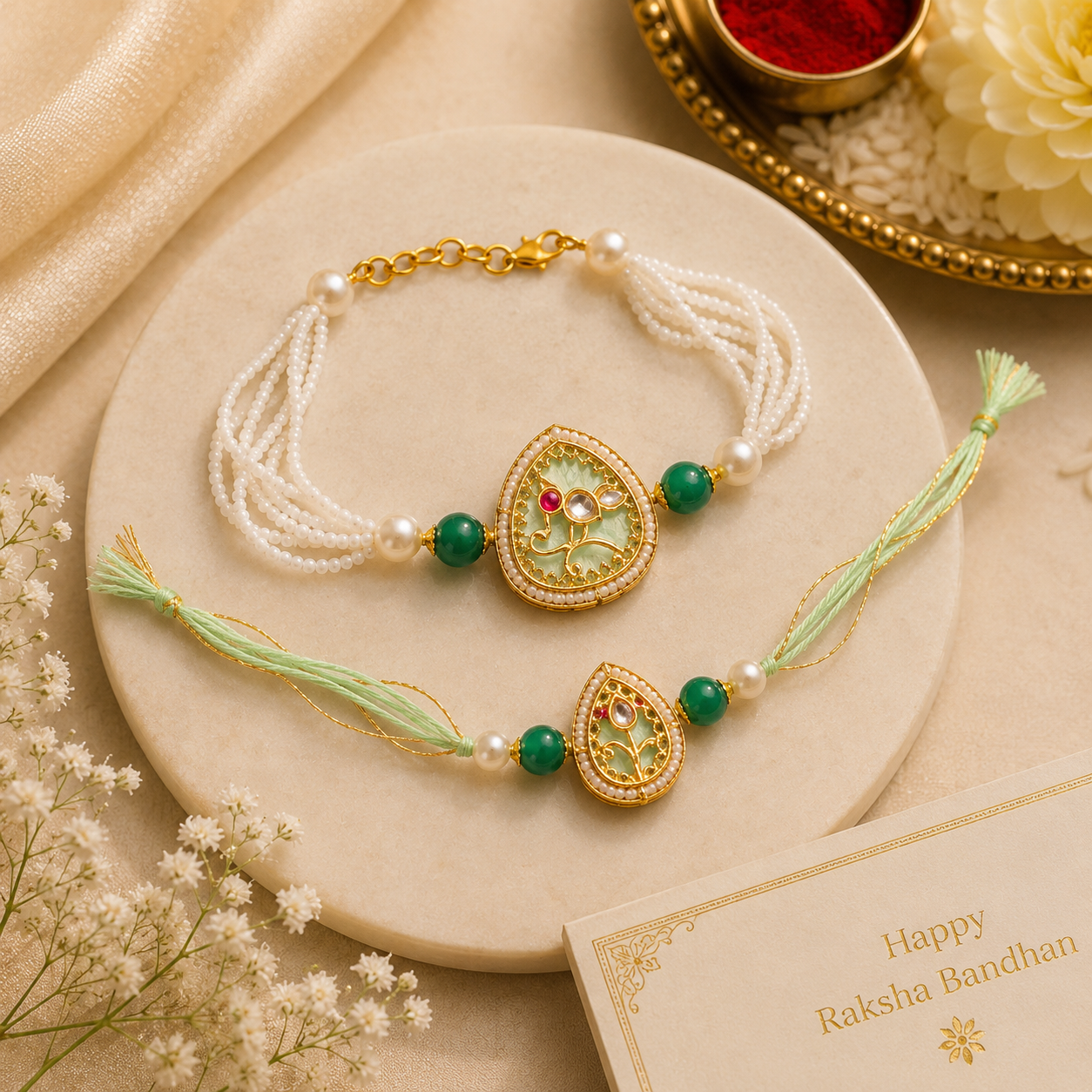 Mint Green Bhaiya Bhabhi Rakhi Set – Pearl Bracelet & Designer Rakhi Combo