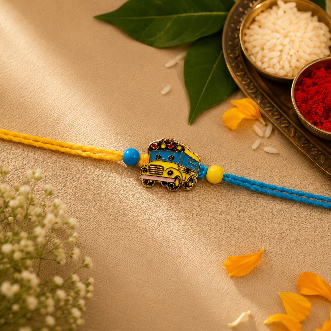 Kids Adventure Rakhi Set – Helicopter & School Bus Designer Rakhi for Raksha Bandhan