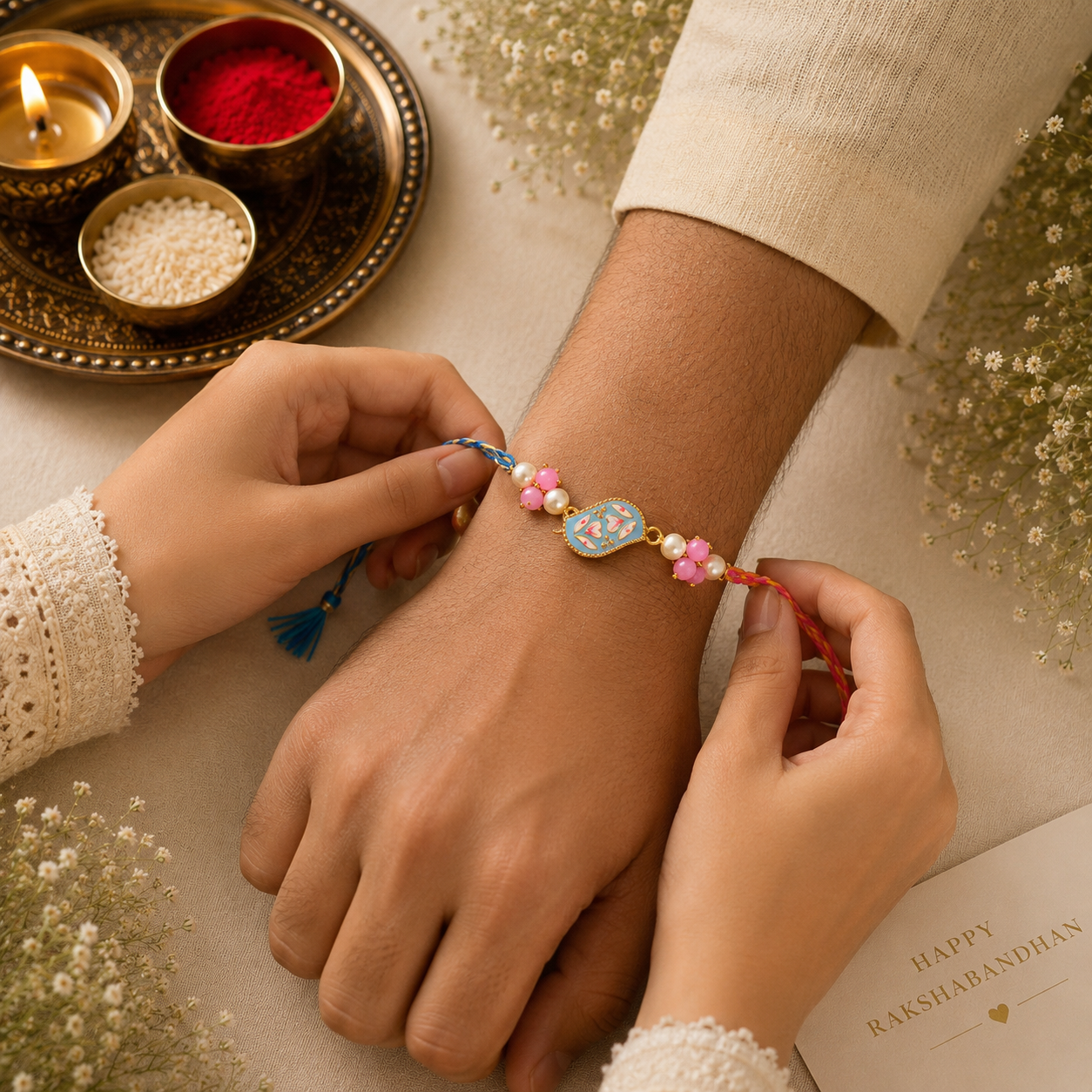 Evil Eye & Pastel Charm Rakhi Set – Handcrafted Designer Rakhi Combo for Brother