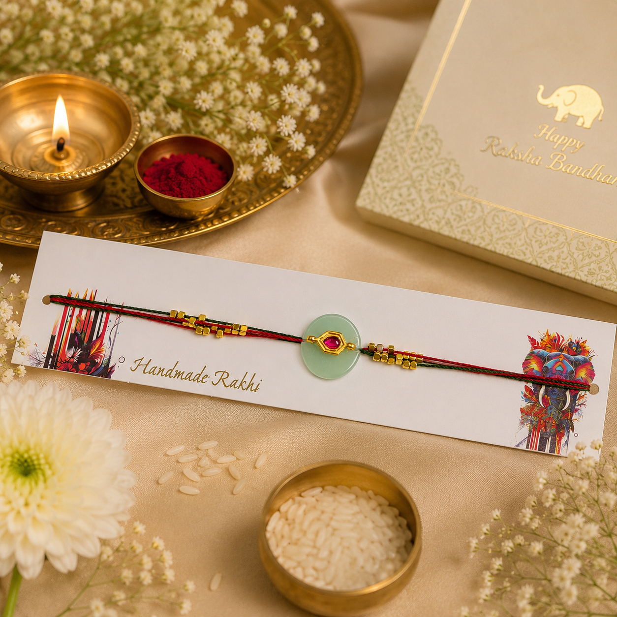 Designer Rakhi Set of 2 – Jade Resin & Floral Charm Handcrafted Rakhis